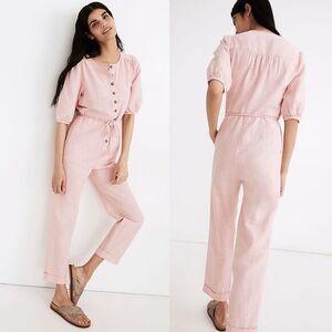 Madewell Linen-Blend‎ Jumpsuit XS Puff-Sleeve Tassel-Tie Pink NWT